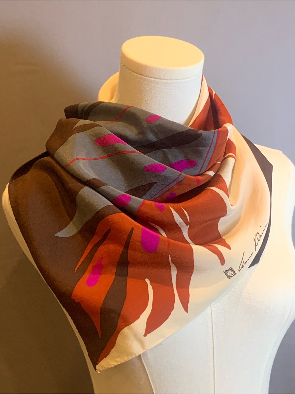 Vintage Anne Klein Silk Scarf Graphic Feather Print